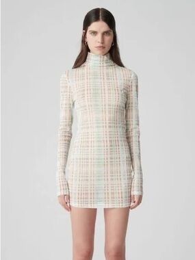 Atoir Plaid Long-Sleeve Turtleneck Mini Dress in Pastel Plaid